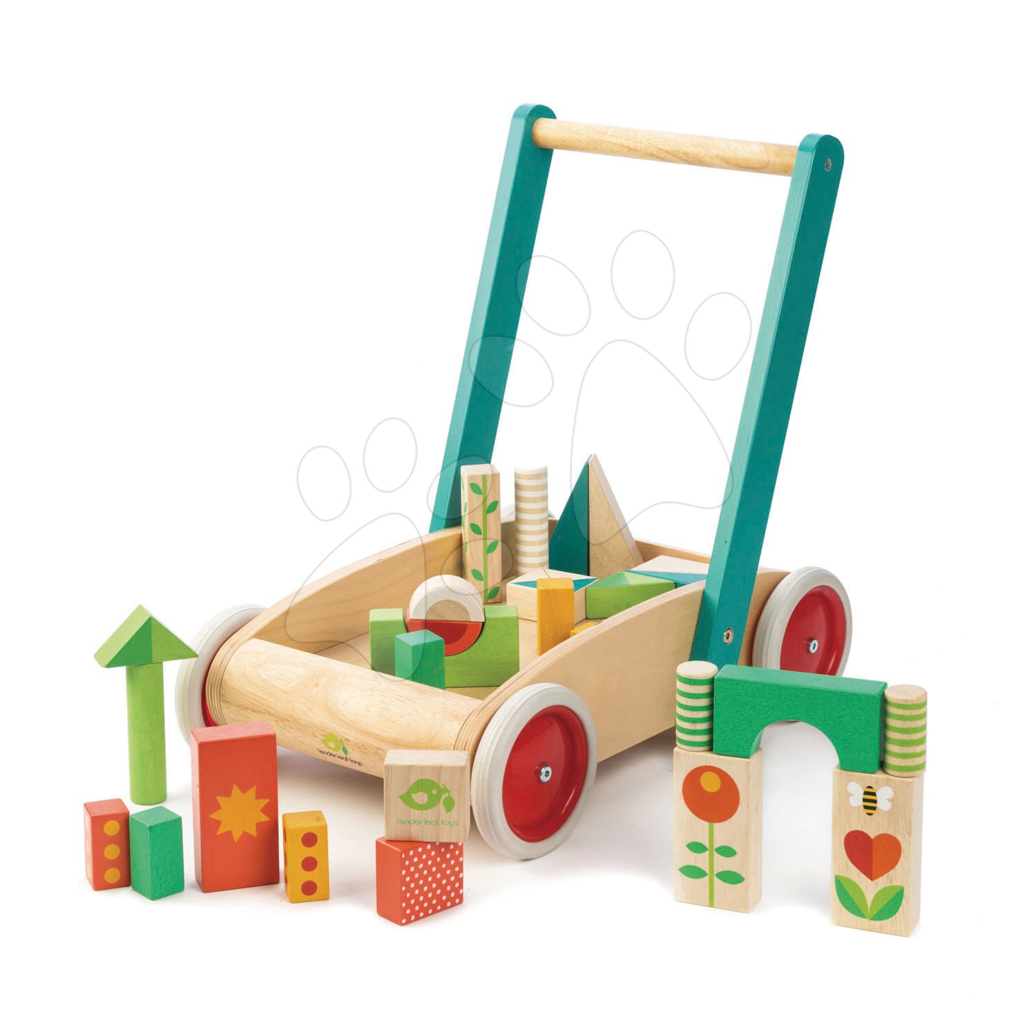 Fa járássegítő kockákkal Baby Block Walker Tender Leaf Toys kocsi festett ábrákkal díszített 29 kockán 18 hó-tól