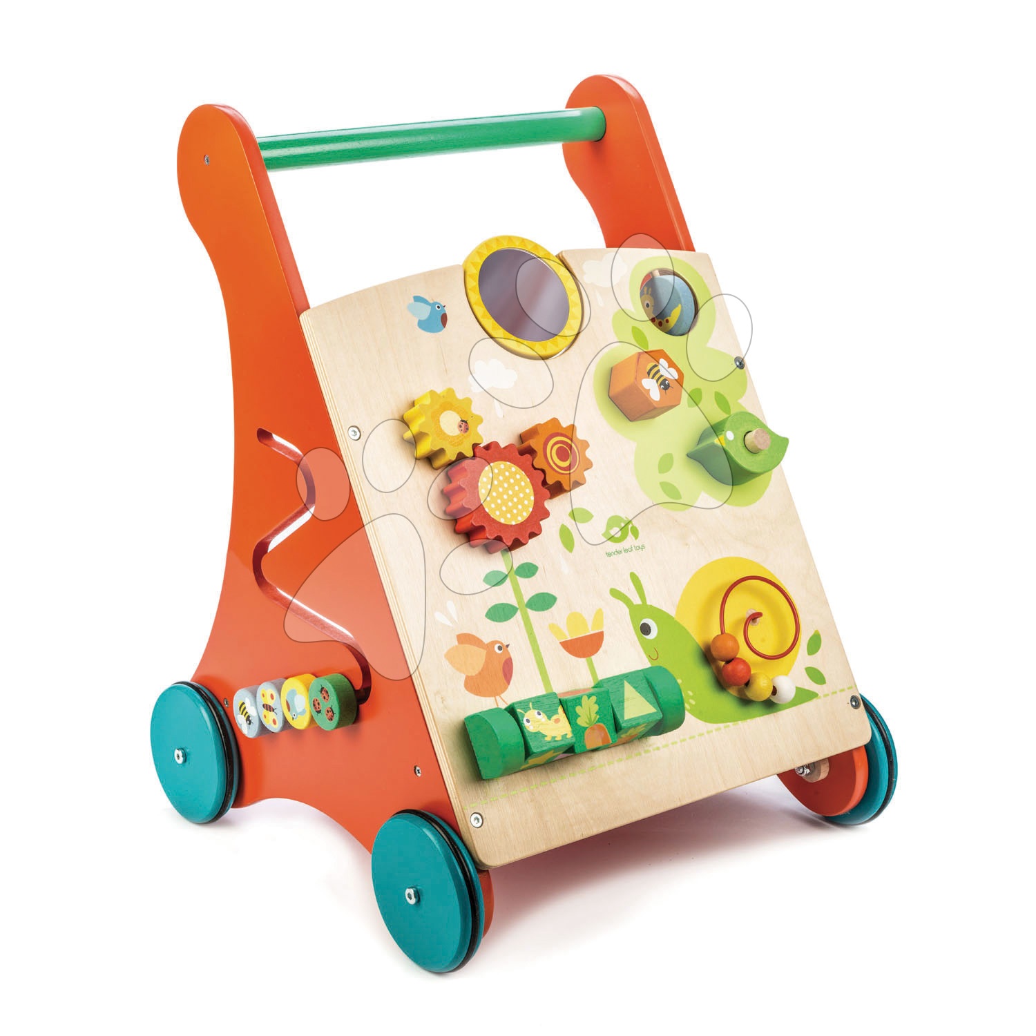 Dřevěné chodítko zahrada Baby Activity Walker Tender Leaf Toys s různými funkcemi a kostkami od 18 měsíců