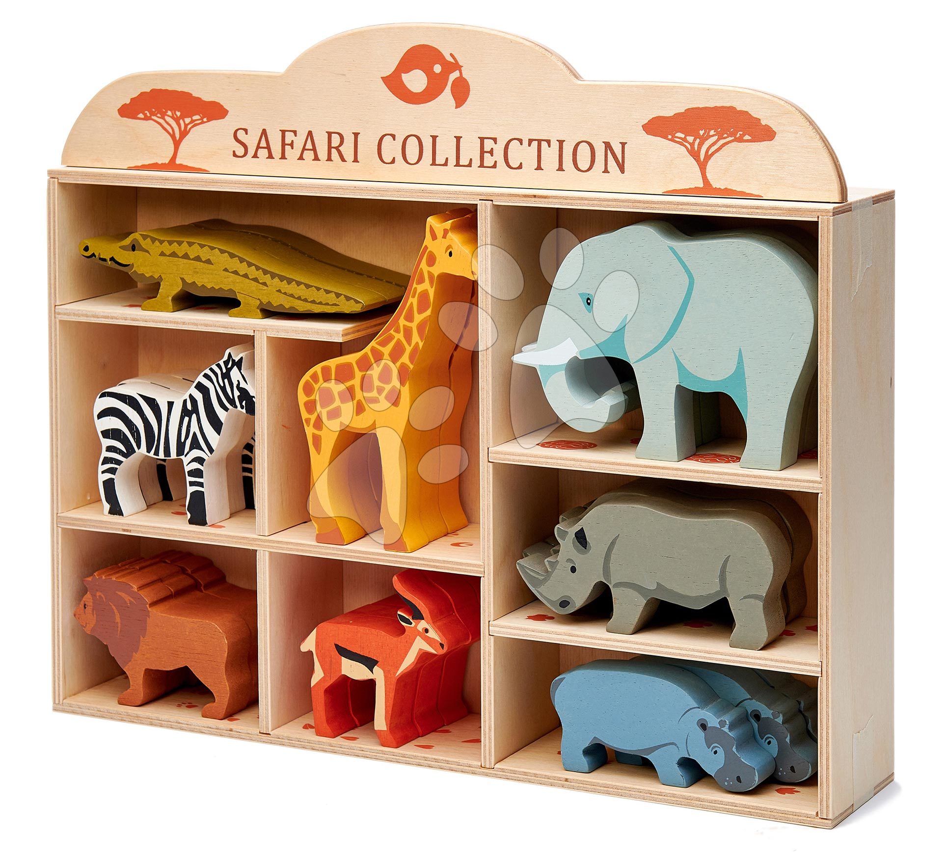 Fa vadon élő állatkák polcon 24 drb Safari set Tender Leaf Toys krokodil elefánt zebra antilop zsiráf orrszarvú víziló oroszlán