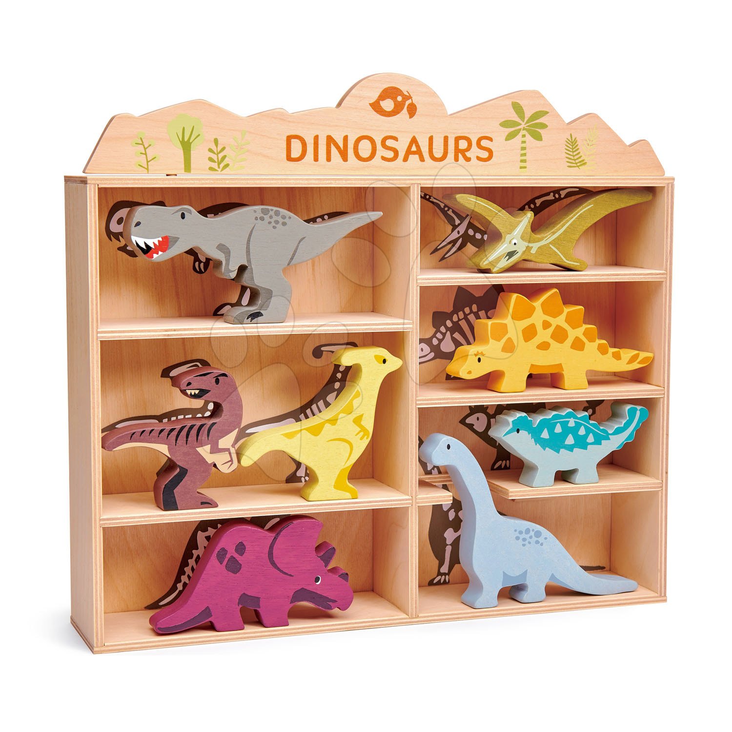 Dřevěná prehistorická zvířata na poličce 8 ks Dinosaurs set Tender Leaf Toys 