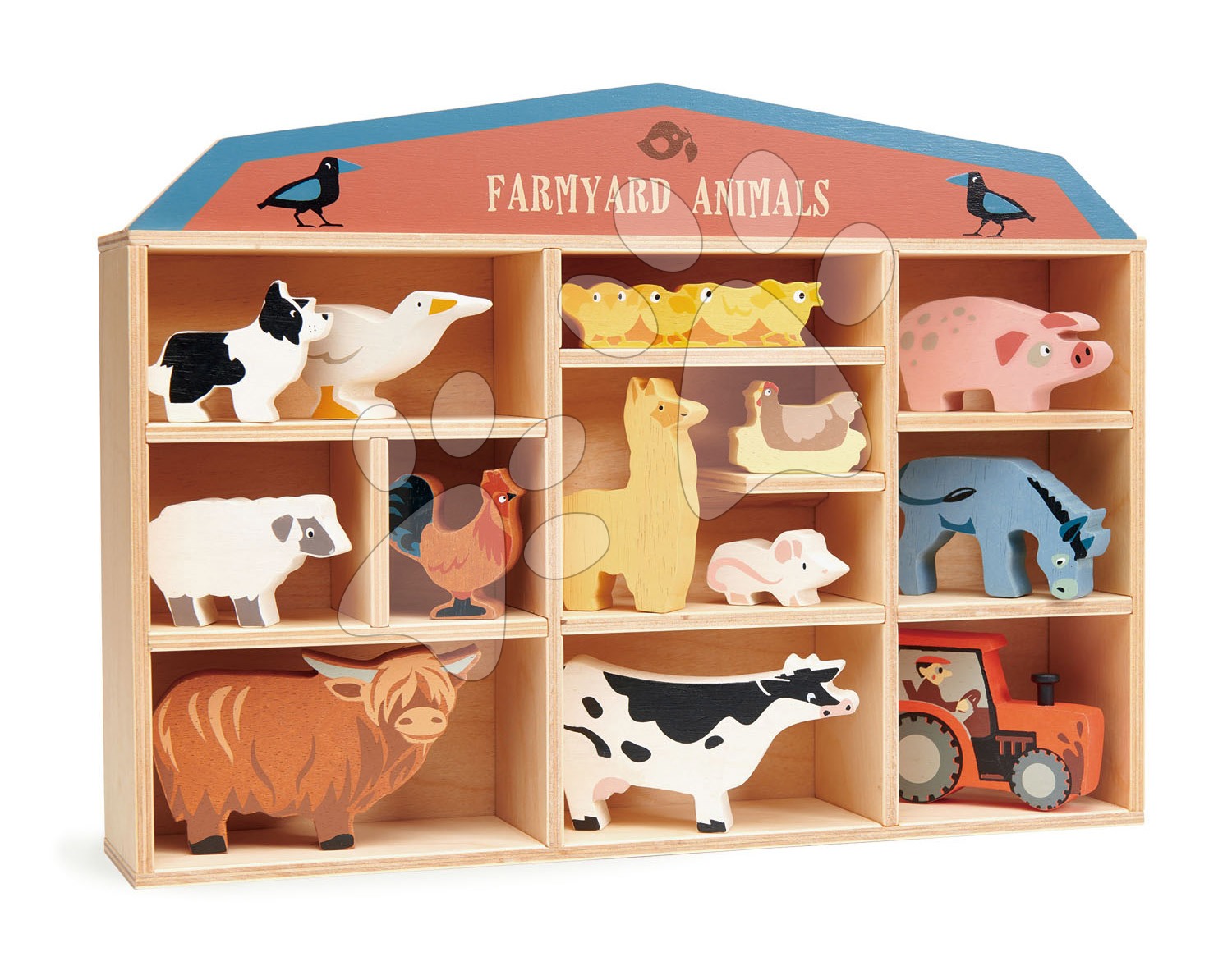 Dřevěná domácí zvířata na poličce 13 ks Farmyard set Tender Leaf Toys 