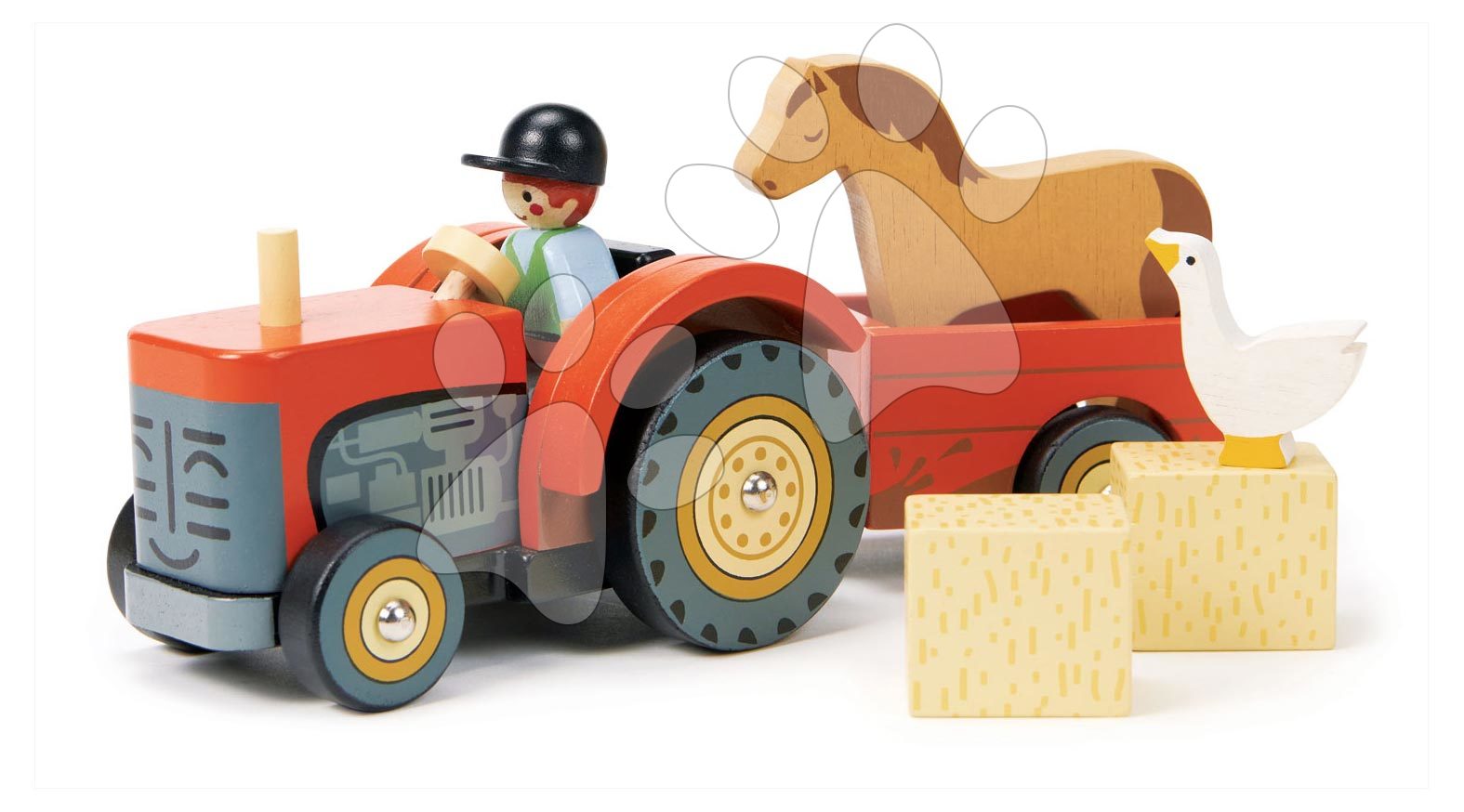 Drevený traktor s vlečkou Farmyard Tractor Tender Leaf Toys s figúrkou farmára a zvieratkami od 18 mes