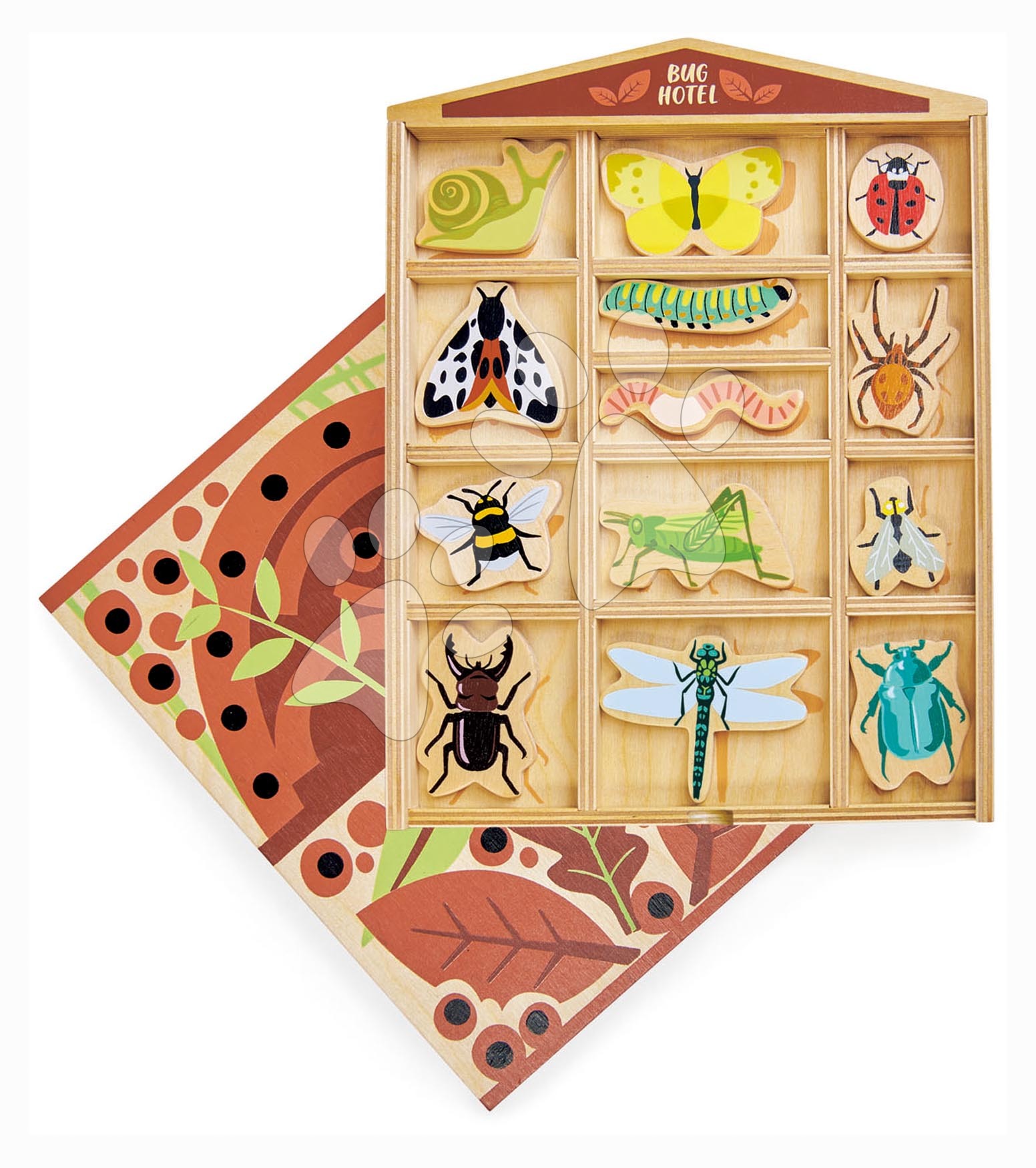 Dřevěný hotel pro hmyz The Bug Hotel Tender Leaf Toys 13 druhů hmyzu s názvy