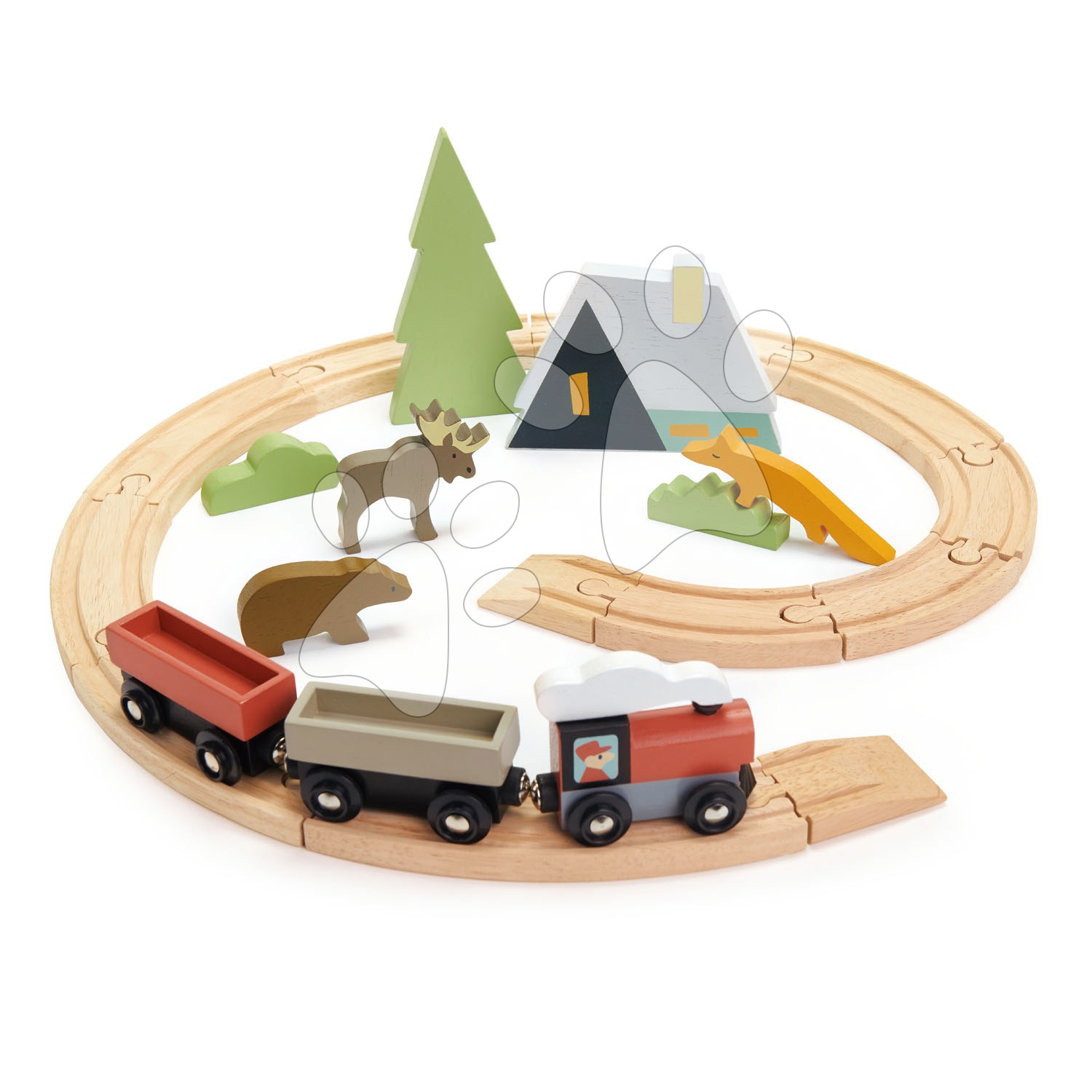 E-shop Drevená vláčikodráha v horách Treetops Train Set Tender Leaf Toys s vlakom zvieratkami a chatou