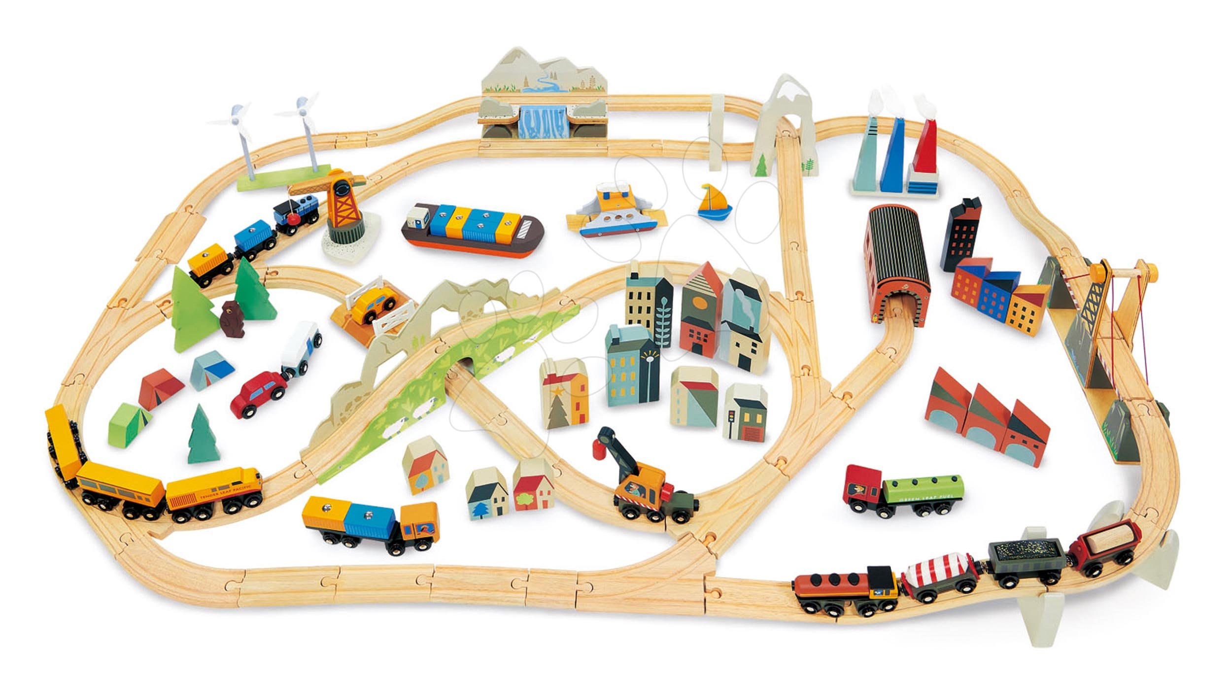 E-shop Drevená vláčikodráha vysokohorská Mountain View Train Set Tender Leaf Toys cesta okolo sveta cez mesta a hory 58 dielov a doplnky