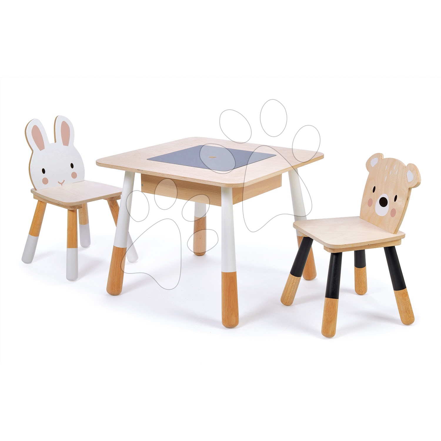 E-shop Drevený detský nábytok Forest table and Chairs Tender Leaf Toys stôl s úložným priestorom a dve stoličky medveď a zajac