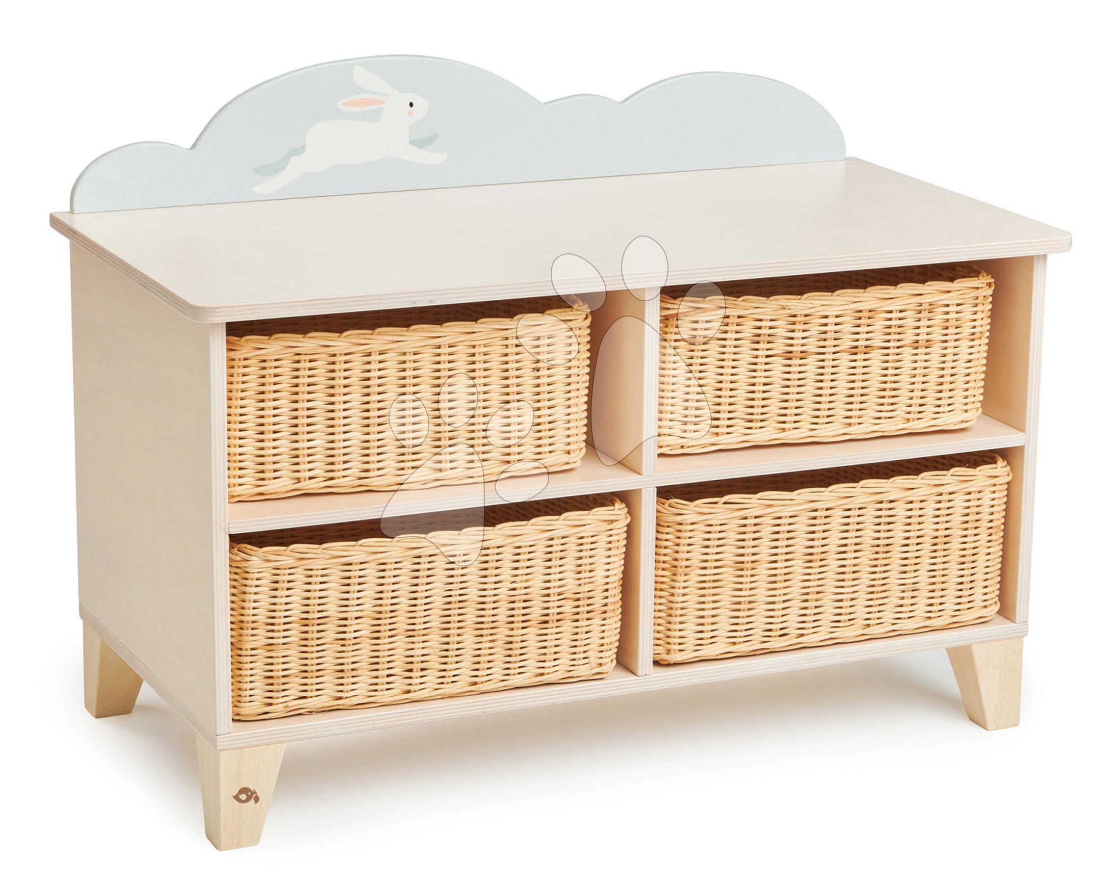 Detský drevený nábytok - Drevená skrinka so zajačikom Bunny Storage Unit Tender Leaf Toys so 4 odkladacími košmi z úpletu