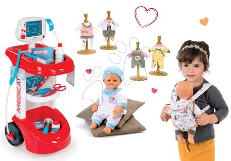 Lekárske vozíky sety - Set lekársky vozík Smoby zvukový s tlakomerom, bábika Baby Nurse a dvoje šaty pre bábiku