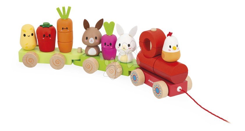 Drewniane zabawki edukacyjne - Drewniany pociąg do ciągnięcia Farma Farm Pull-along Train Janod - 4