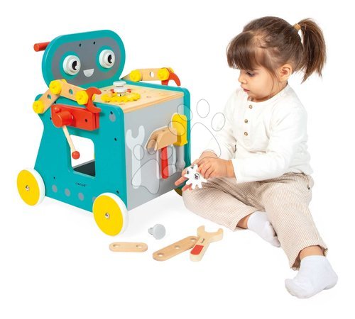 Lesena otroška delavnica in orodje - Drevené chodítko a vozík s náradím Robot Trolley BricoKids Janod - 4