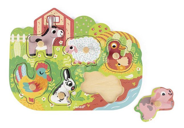 Black Friday de la producătorul Janod | Pagină 10 - Puzzle din lemn cu piese de inserație și mâner Ferma Happy Farm Puzzle Janod