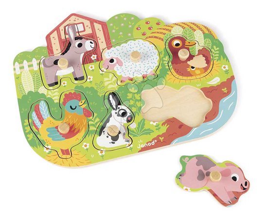 Puzzleuri din lemn  - Puzzle din lemn cu piese de inserație și mâner Ferma Happy Farm Puzzle Janod - 2