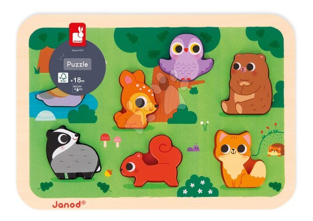Puzzleuri din lemn  - Puzzle din lemn cu piese de inserat pentru cei mai mici – Animale din pădure The Forest Chunky Puzzle Janod - 3