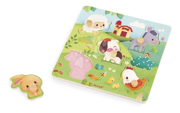 Black Friday de la producătorul Janod | Pagină 10 - Puzzle din lemn cu piese de inserație și mâner - Animalele de la fermă Tactile Puzzle Janod