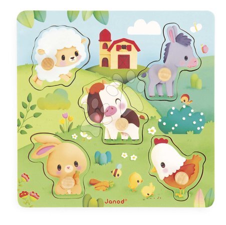 Puzzleuri din lemn  - Puzzle din lemn cu piese de inserație și mâner - Animalele de la fermă Tactile Puzzle Janod - 2