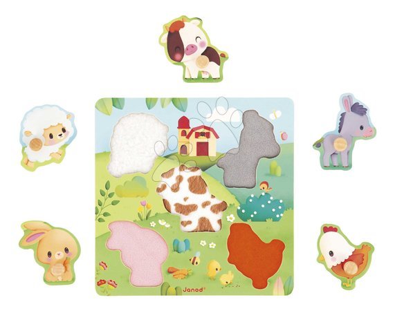Puzzleuri din lemn  - Puzzle din lemn cu piese de inserație și mâner - Animalele de la fermă Tactile Puzzle Janod - 3