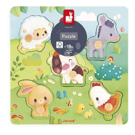 Puzzleuri din lemn  - Puzzle din lemn cu piese de inserație și mâner - Animalele de la fermă Tactile Puzzle Janod - 5