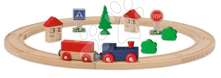 Dřevěné hračky - Dřevěná vláčkodráha Train Circular Eichhorn lokomotiva s vozem a doplňky 20 dílů 135 cm délka kolejnic