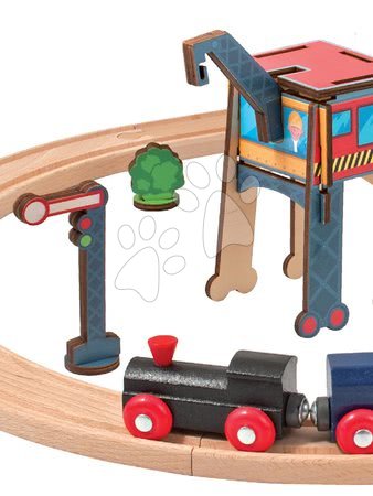 Dřevěné hračky - Dřevěná vláčkodráha Train Oval Eichhorn s lokomotivou vagony jeřábem a doplňky 18 dílů 205 cm délka kolejnic_1