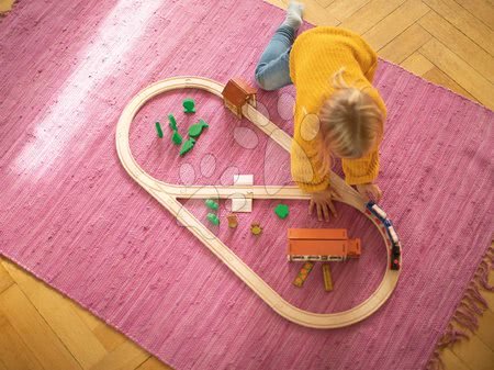 Jucării din lemn  - Cale ferată din lemn cu clădiri agricole și tunel Train Set Farm Eichhorn cu tractor 35 piese 360 cm lungimea șinelor_1