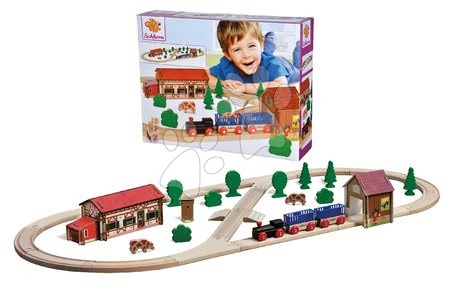 Drewniane pociągi i kolejki - Drewniana kolejka szynowa z budynkiem gospodarczym oraz tunelem Train Set Farm Eichhorn - 3