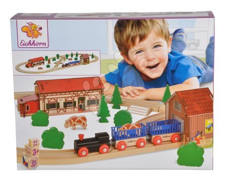 Drewniane pociągi i kolejki - Drewniana kolejka szynowa z budynkiem gospodarczym oraz tunelem Train Set Farm Eichhorn - 4