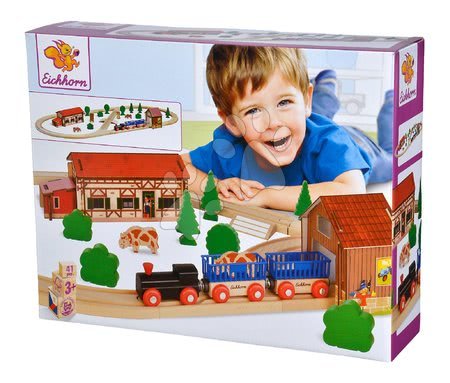 Drewniane pociągi i kolejki - Drewniana kolejka szynowa z budynkiem gospodarczym oraz tunelem Train Set Farm Eichhorn - 5