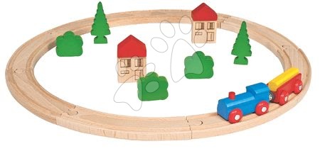Dřevěné hračky - Dřevěná vláčkodráha Wooden Toy Eichhorn s doplňky domky a stromy 20 dílů