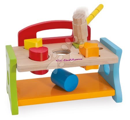 Dřevěné didaktické hračky - Dřevěná zatloukačka s kostkami Hammering Bench Eichhorn s kladivem a 5 různých barevných tvarů a barev 7 dílů od 12 měsíců