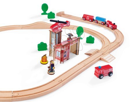 Dřevěné vláčky a vláčkodráhy - Dřevěná vláčkodráha s hasičskou stanicí Train Set Firestation Eichhorn_1