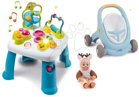 Zabawki dla najmłodszych - Zestaw stolik dydaktyczny Cotoons Smoby z funkcjami i chodzikiem MiniKiss z lalką Sarenka „Cmok” dźwiękiem