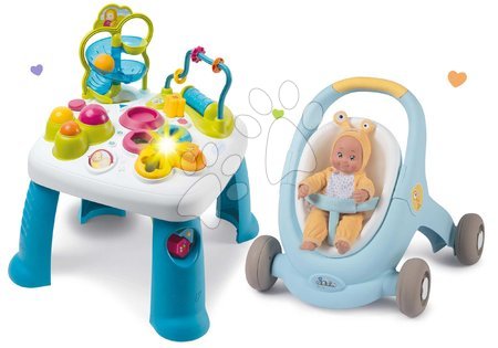 Zabawki dla najmłodszych - Zestaw stół edukacyjny Cotoons Smoby z funkcjami różowy wózek i chodzika 2w1 MiniKiss z lalką