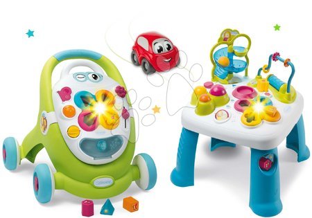Detské chodítka - Set chodítko s didaktickým kufríkom Trott Cotoons 2v1 Smoby so zvukom a svetlom a interaktívny stôl Activity s funkciami a autíčko