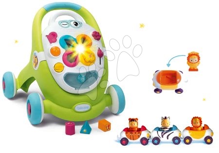 Detské chodítka - Set chodítko Trott Cotoons 2v1 Smoby zelené s kockami, svetlom a melódiou a autíčka Imagin Car Cotoons