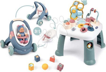 Bébijátékok - Szett készségfejlesztő asztalka Activity Table Little és Baby Walker járássegítő és kocsi Smoby