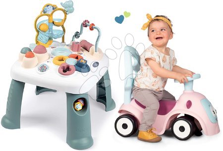 Hračky pre najmenších - Set didaktický stolík Activity Table Little a ružové odrážadlo Smoby