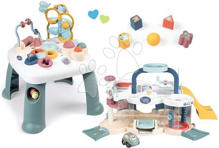 Interaktivní hudební stoly - Set didaktický stolek Activity Table Little a garáž s automyčkou Smoby