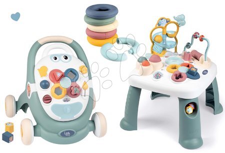 Jucării pentru bebeluși - Set premergător didactic și cărucior Trotty Walker 3in1 Little cu măsuța Activity Table Smoby