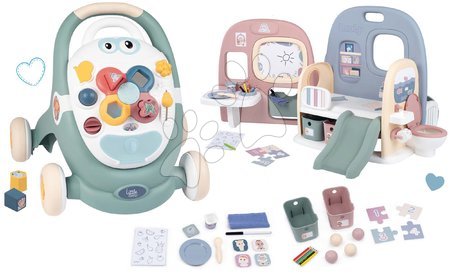 Hračky pre deti od 1 do 2 rokov - Set didaktické chodítko a kočík Trotty Walker 3v1 Little a domček pre bábiku Smoby