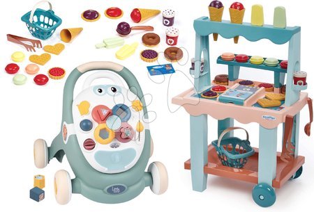 Jucării pentru bebeluși - Set premergător didactic și cărucior Trotty Walker 3in1 Little și stand Smoby