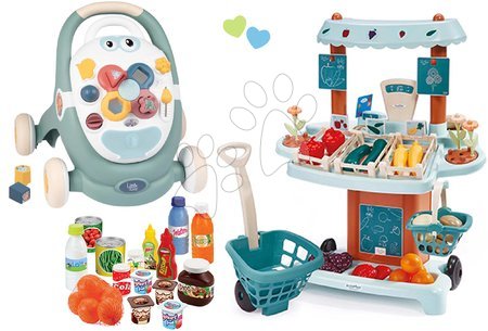 Zabawki dla najmłodszych - Zestaw dydaktyczny chodzik i spacerówka Trotty Walker 3v1 Little i warzywny Bio stoisko Smoby