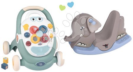 Jucării pentru bebeluși - Set premergător didactic și cărucior Trotty Walker 3in1 Little și balansoar Elefant Smoby