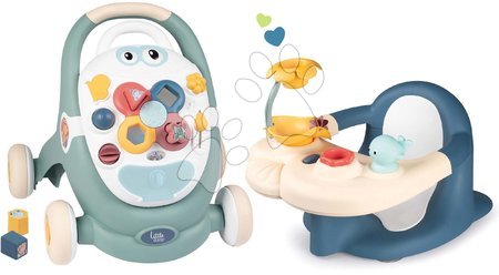 Jucării pentru bebeluși - Set premergător didactic și cărucior Trotty Walker 3in1 Little și scăunel pentru cadă Smoby