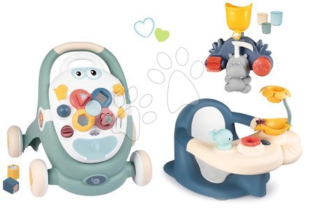 Jucării pentru bebeluși - Set premergător didactic și cărucior Trotty Walker 3in1 Little și scăunel pentru cadă Smoby