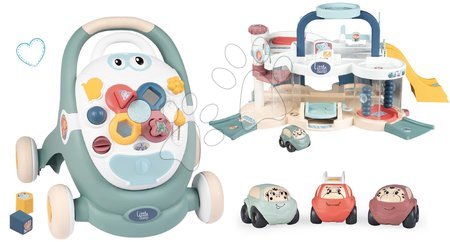 Jucării pentru bebeluși - Set premergător didactic și cărucior Trotty Walker 3in1 Little cu garaj Smoby