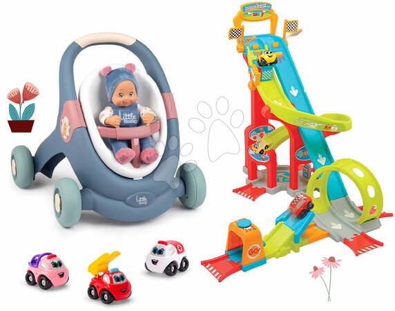Pro miminka - Set didaktické chodítko a kočárek s autodráhou Baby Walker 3v1 + Baby Doll Little Smoby