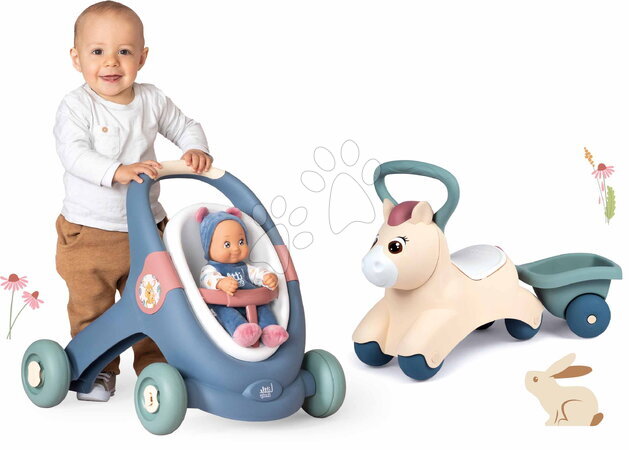 Járássegítők - Szett készségfejlesztő járássegítő és babakocsi babával Baby Walker 3in1 + Baby Doll Little Smoby