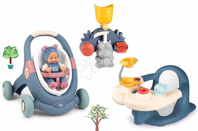 Járássegítők - Szett készségfejlesztő járássegítő és babakocsi ülőkével a kádba Baby Walker 3in1 + Baby Doll Little Smoby