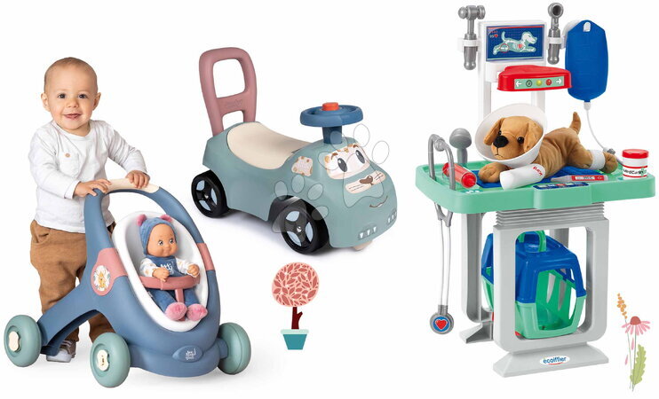 Pro miminka od výrobce Smoby - Set didaktické chodítko a kočárek s veterinářským vozíkem Baby Walker 3v1 + Baby Doll Little Smoby
