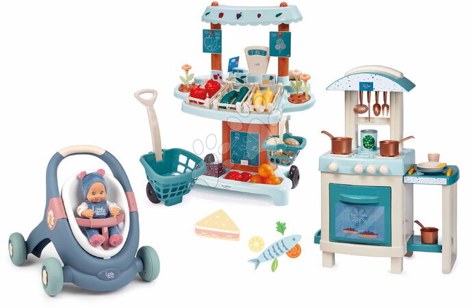 Pro miminka - Set didaktické chodítko a kočárek s kuchyňkou Baby Walker 3v1 + Baby Doll Little Smoby